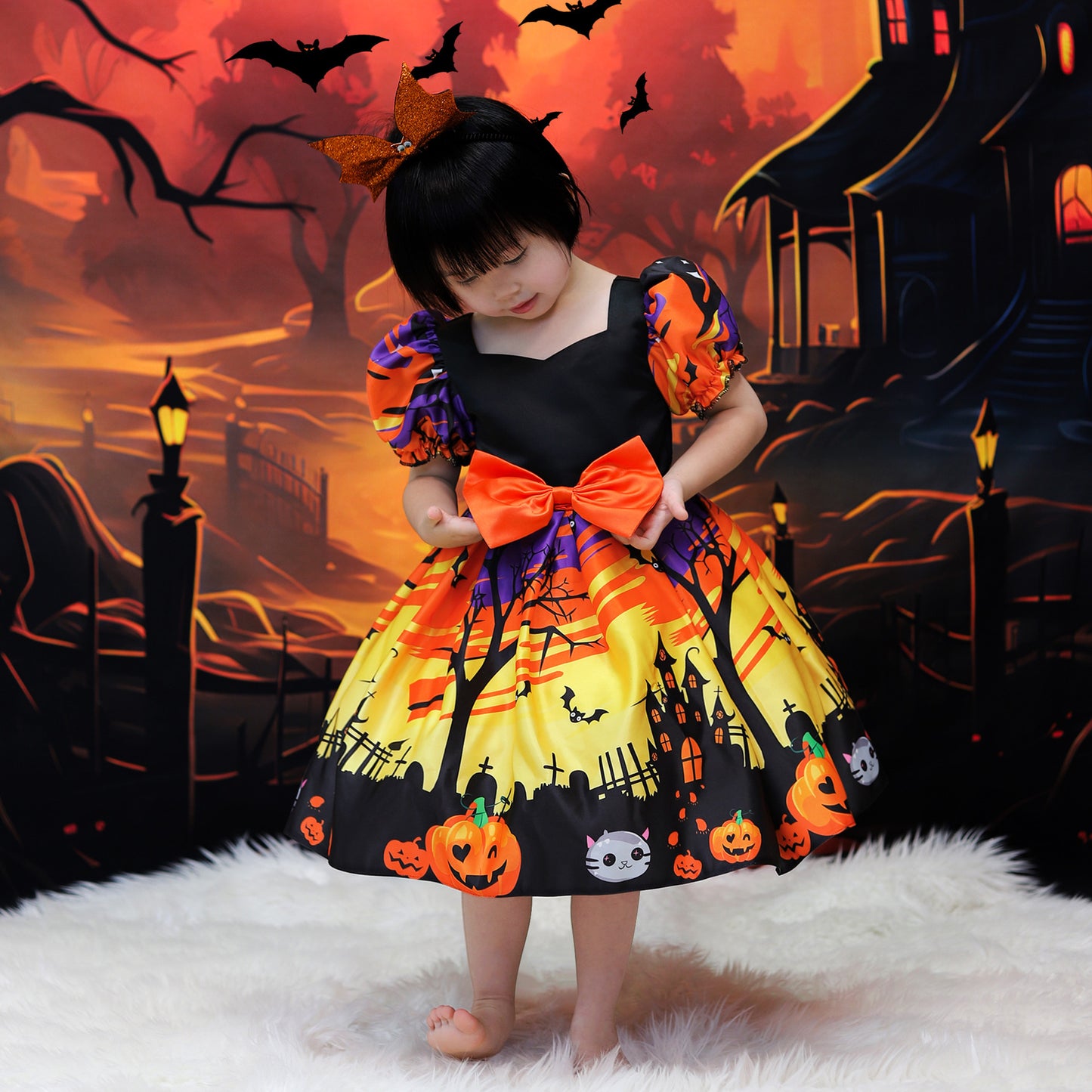 Orange Satin Tea Length A-Line Dress for Girls with Ruffle and Bow - Special Occasion Outfit