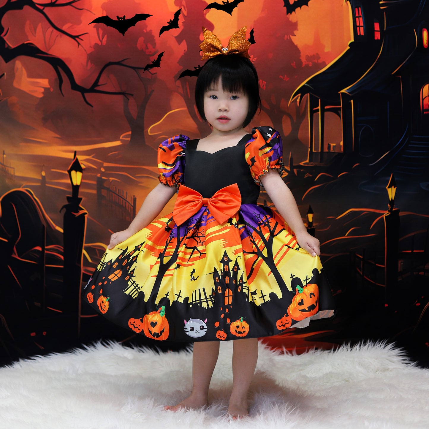 Orange Satin Tea Length A-Line Dress for Girls with Ruffle and Bow - Special Occasion Outfit