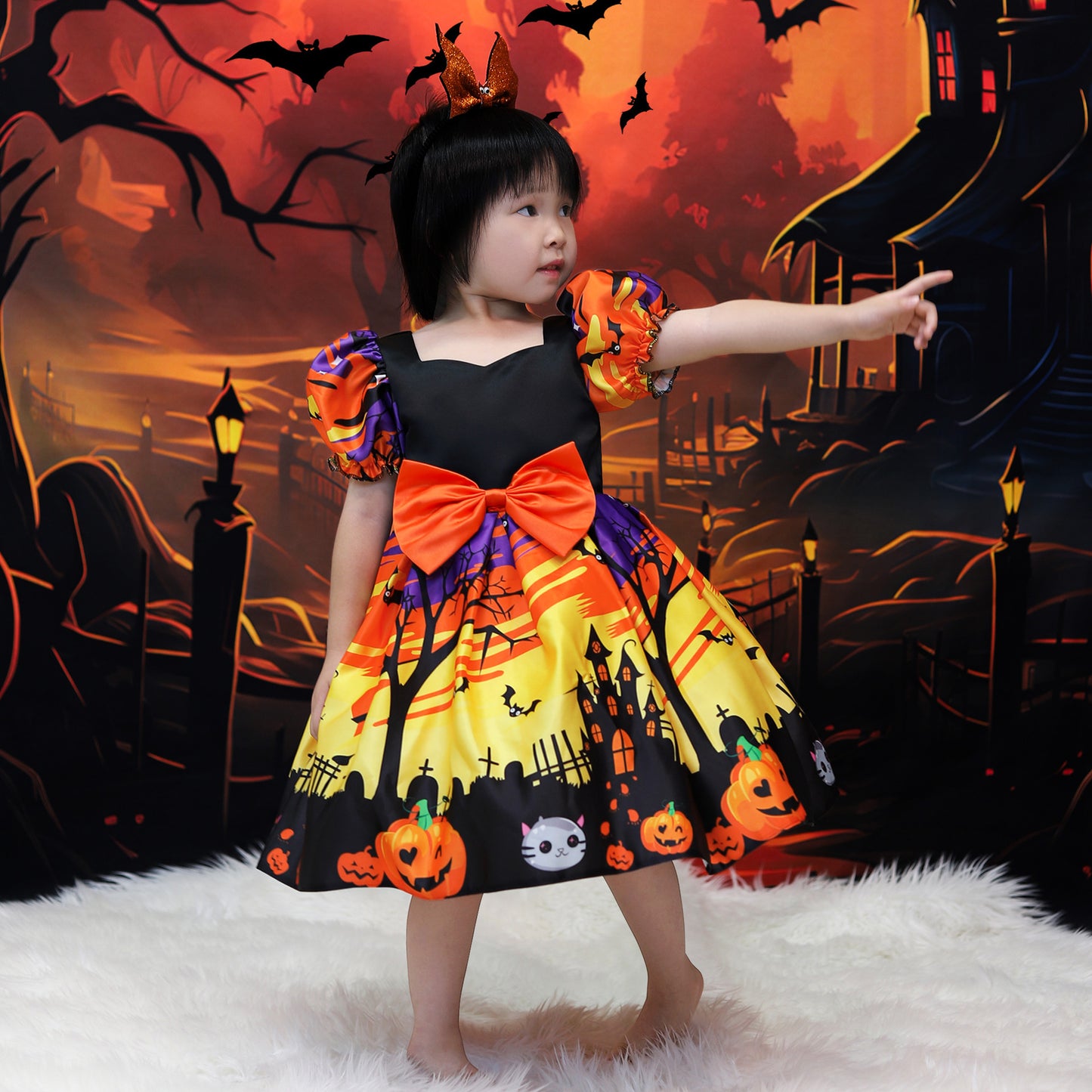 Orange Satin Tea Length A-Line Dress for Girls with Ruffle and Bow - Special Occasion Outfit