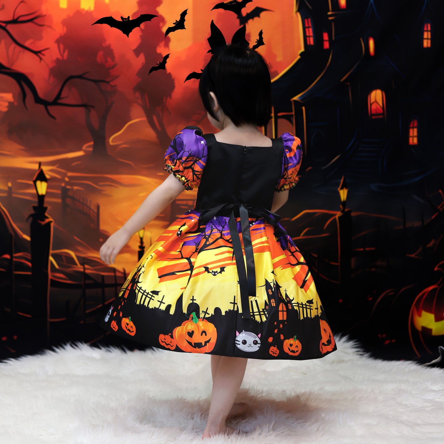 Orange Satin Tea Length A-Line Dress for Girls with Ruffle and Bow - Special Occasion Outfit