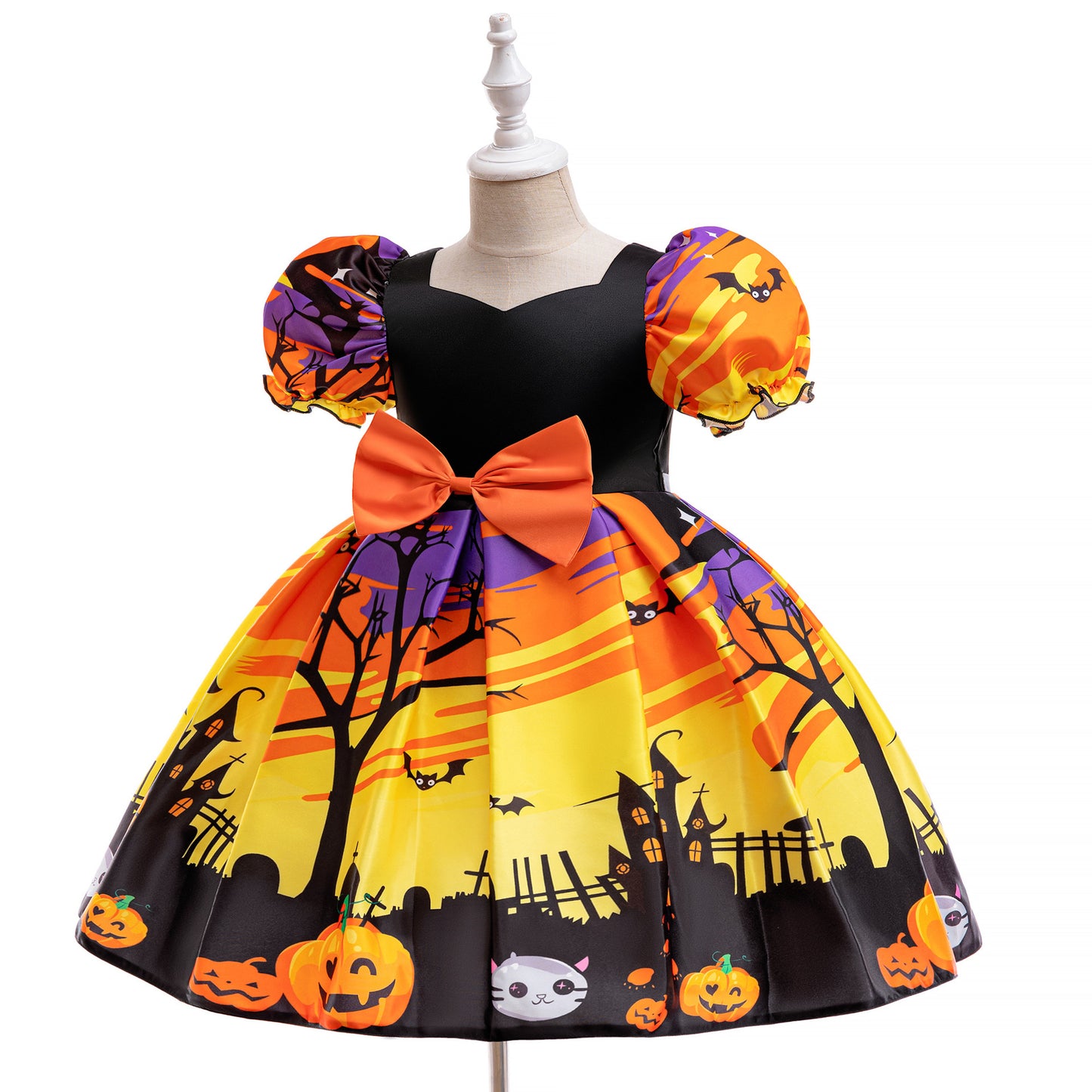 Orange Satin Tea Length A-Line Dress for Girls with Ruffle and Bow - Special Occasion Outfit