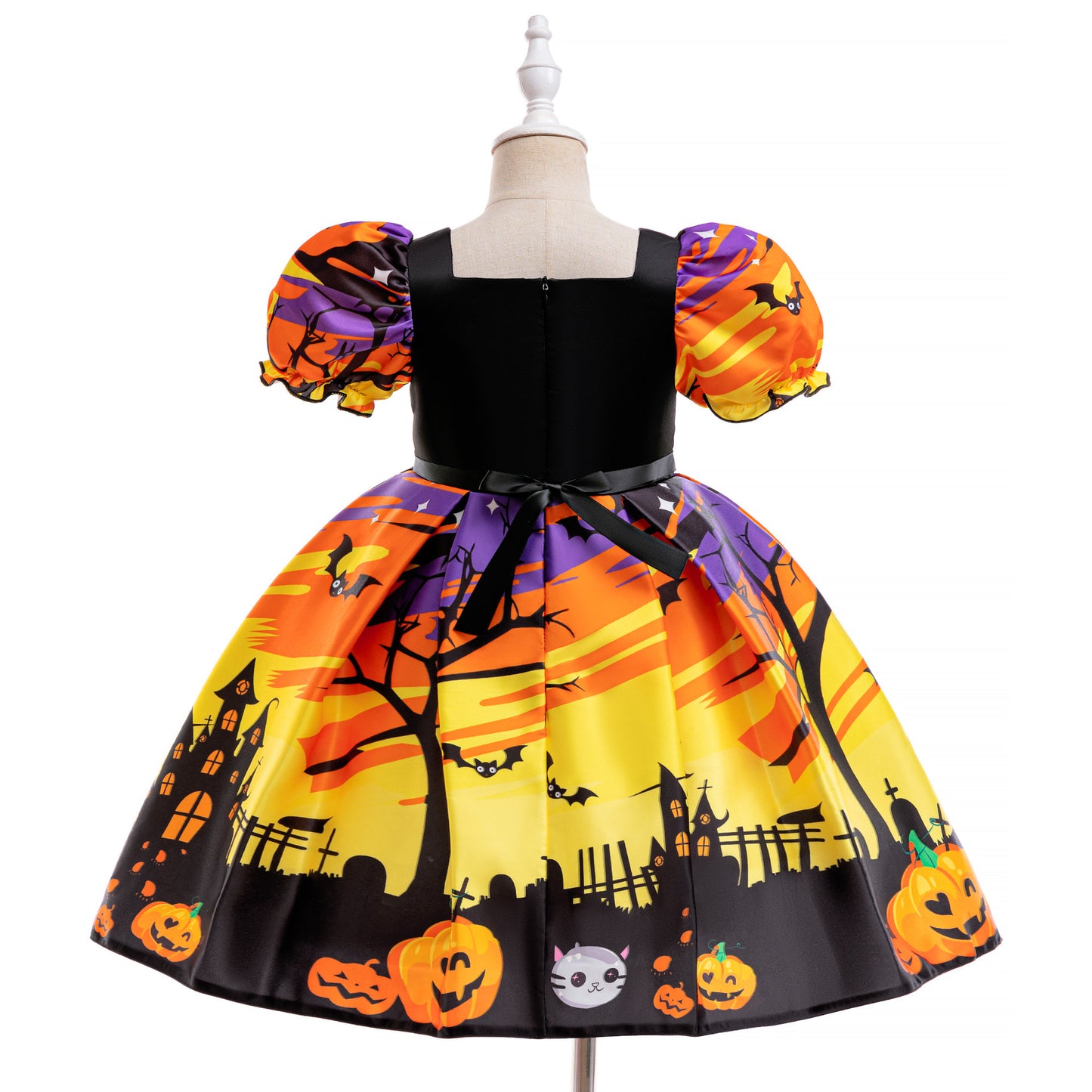 Orange Satin Tea Length A-Line Dress for Girls with Ruffle and Bow - Special Occasion Outfit