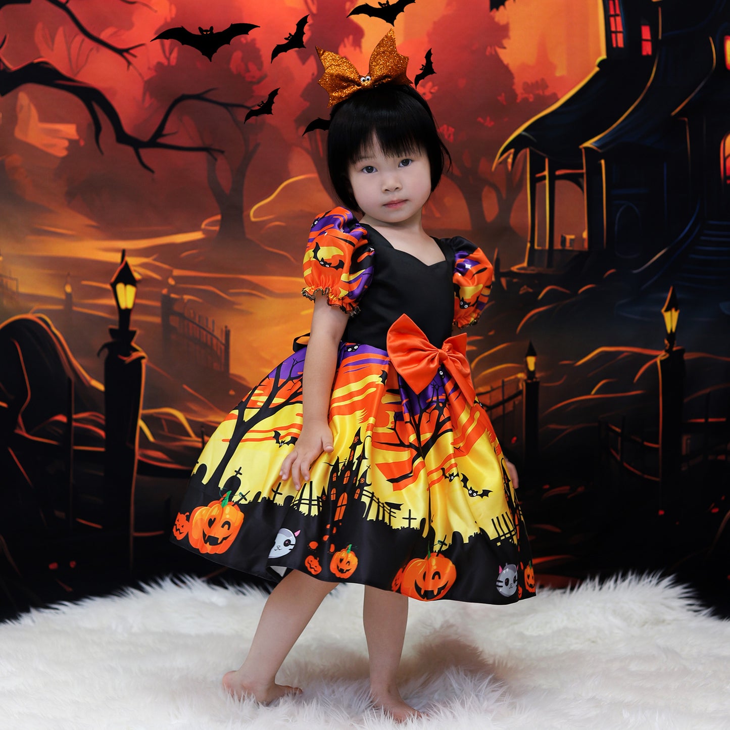 Orange Satin Tea Length A-Line Dress for Girls with Ruffle and Bow - Special Occasion Outfit