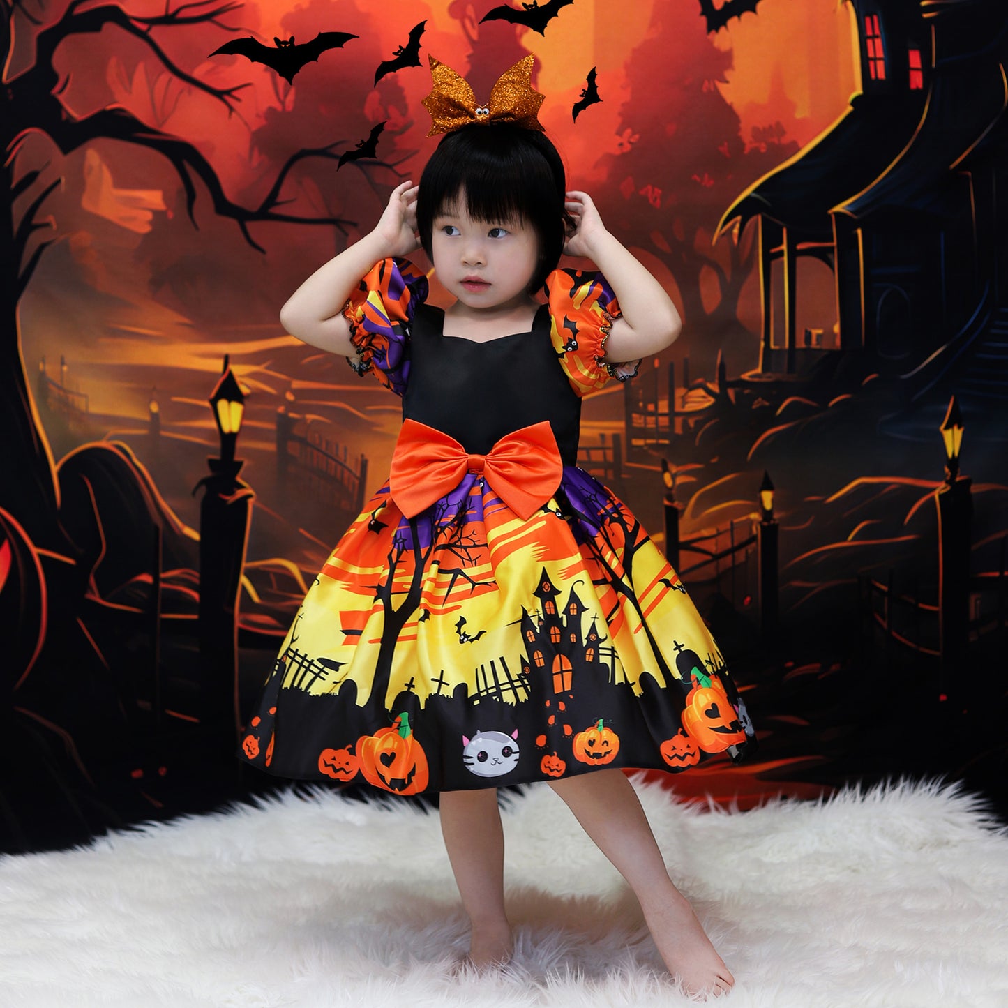 Orange Satin Tea Length A-Line Dress for Girls with Ruffle and Bow - Special Occasion Outfit