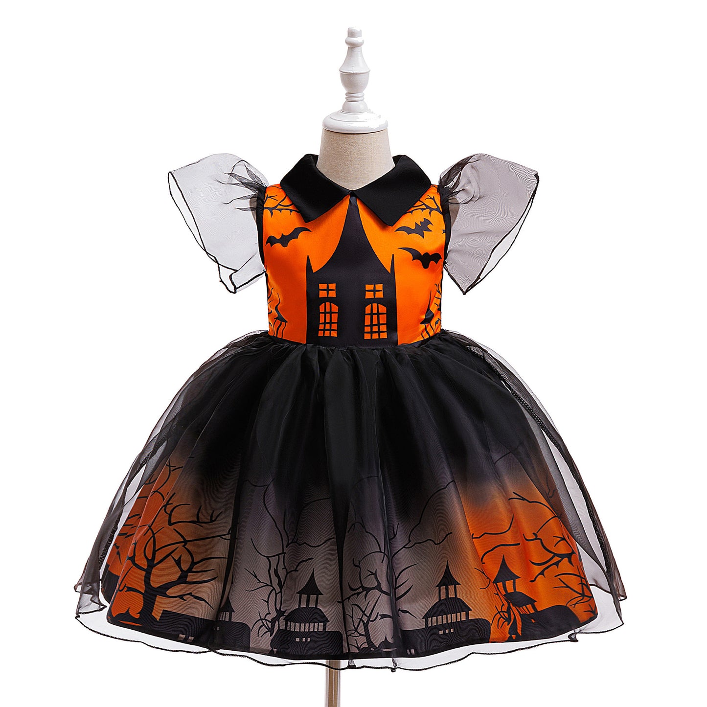 Orange Castle Print Witch Costume Dress for Girls – Halloween Party Outfit