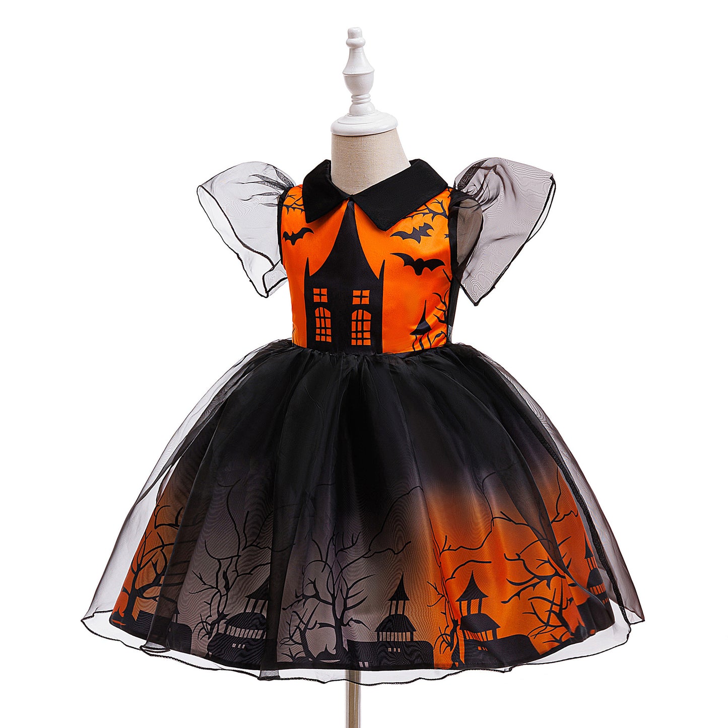 Orange Castle Print Witch Costume Dress for Girls – Halloween Party Outfit