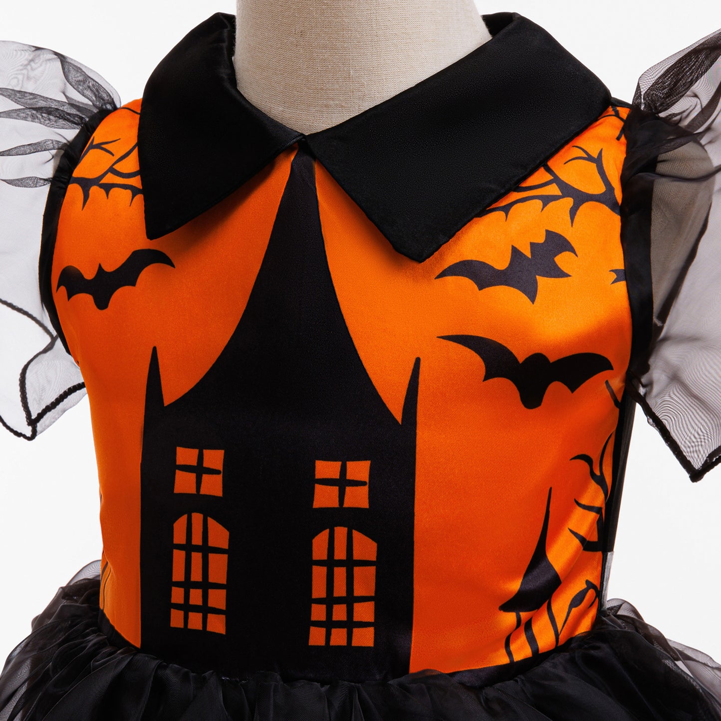 Orange Castle Print Witch Costume Dress for Girls – Halloween Party Outfit