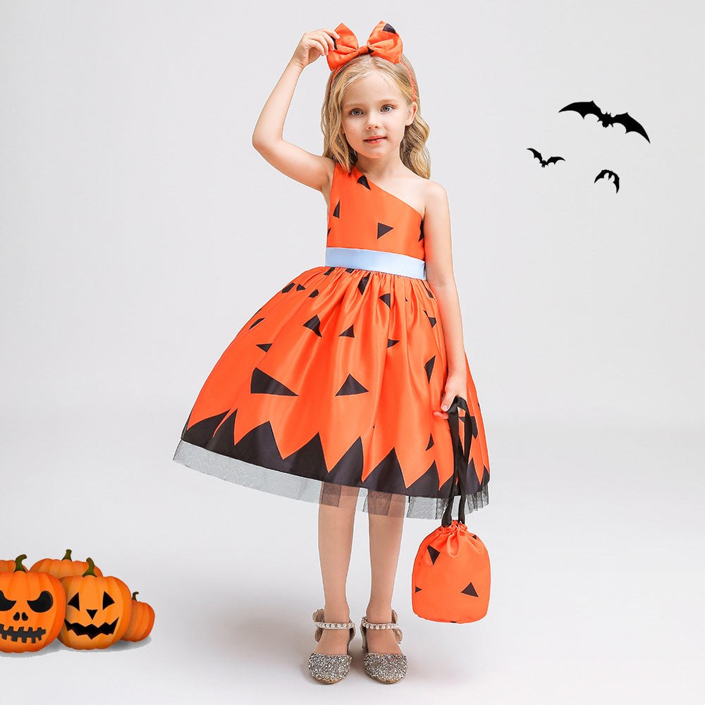 Girls Orange One Shoulder Ruffle A-Line Party Dress | Princess Costume for Kids 2-10Y