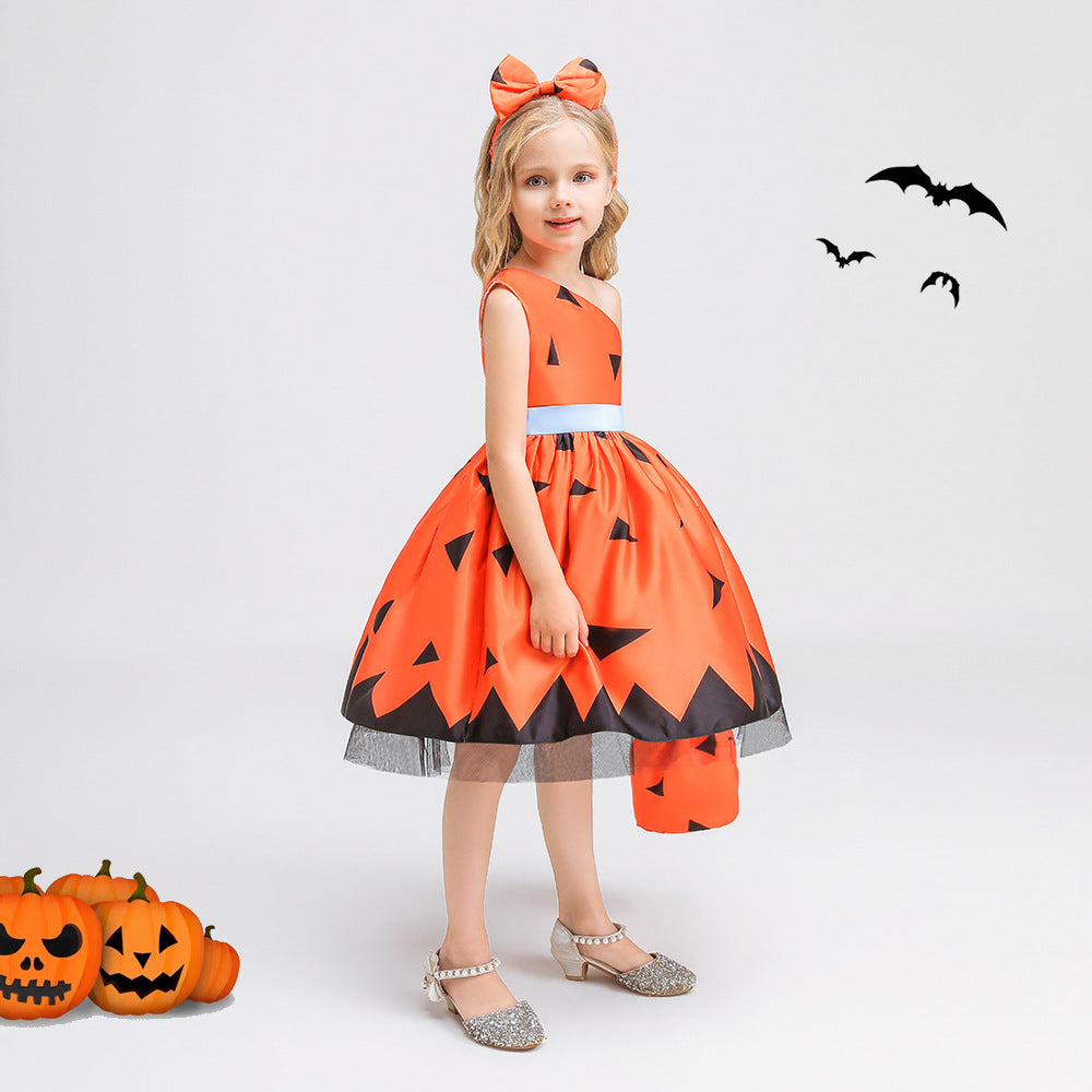 Girls Orange One Shoulder Ruffle A-Line Party Dress | Princess Costume for Kids 2-10Y
