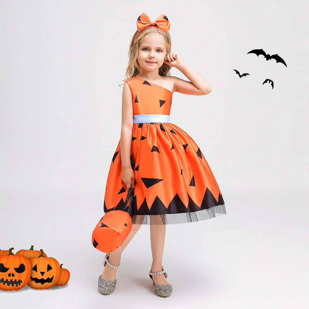Girls Orange One Shoulder Ruffle A-Line Party Dress | Princess Costume for Kids 2-10Y