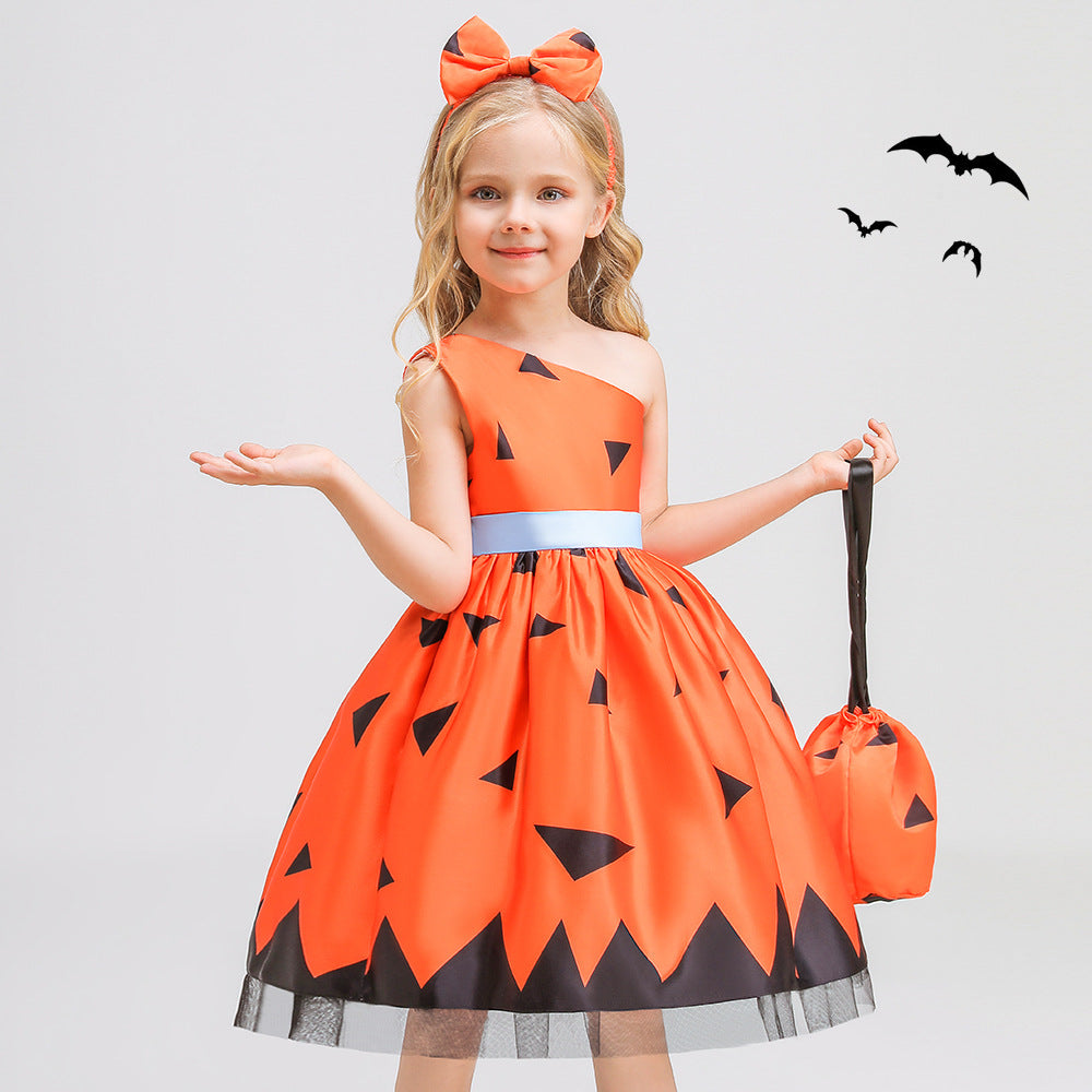 Girls Orange One Shoulder Ruffle A-Line Party Dress | Princess Costume for Kids 2-10Y