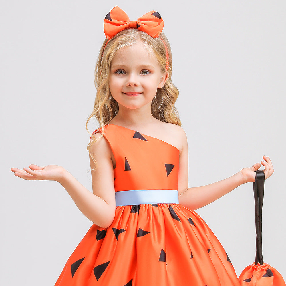 Girls Orange One Shoulder Ruffle A-Line Party Dress | Princess Costume for Kids 2-10Y