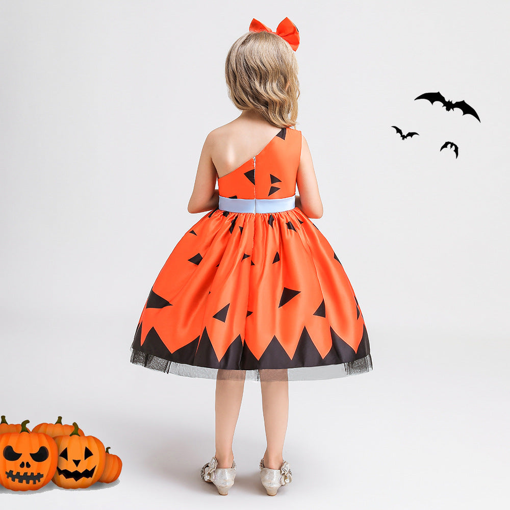 Girls Orange One Shoulder Ruffle A-Line Party Dress | Princess Costume for Kids 2-10Y