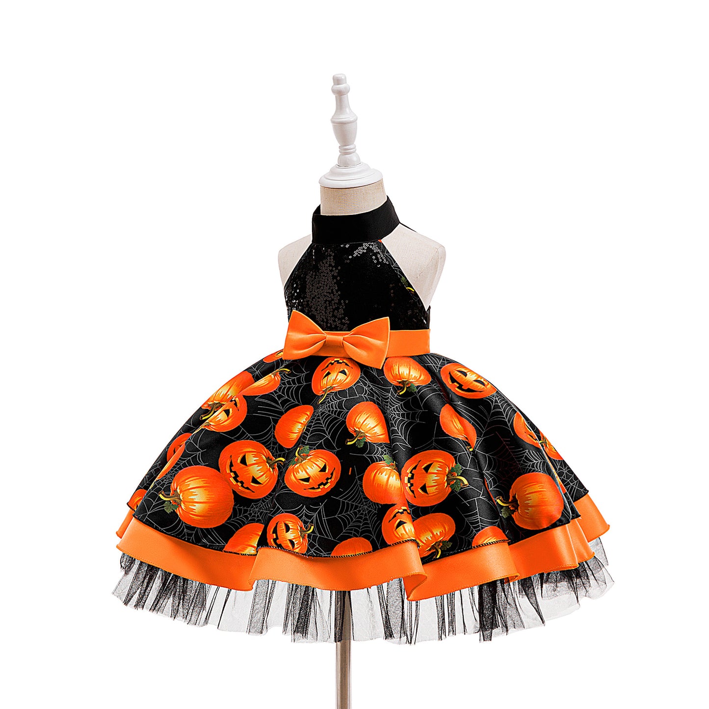 Orange Pumpkin Sequin Halter Girls Dress with Ruffles – Halloween Party Dress