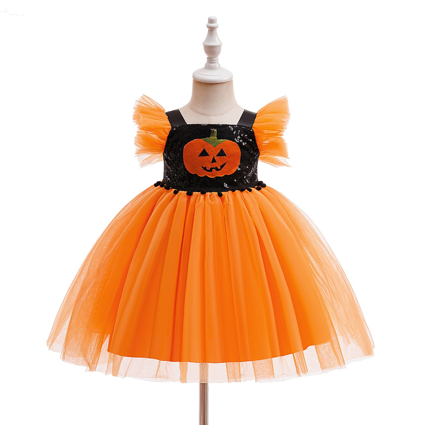 Girls' Orange Pumpkin Sequin Tulle Dress – Halloween & Party Outfit (9M-4Y)