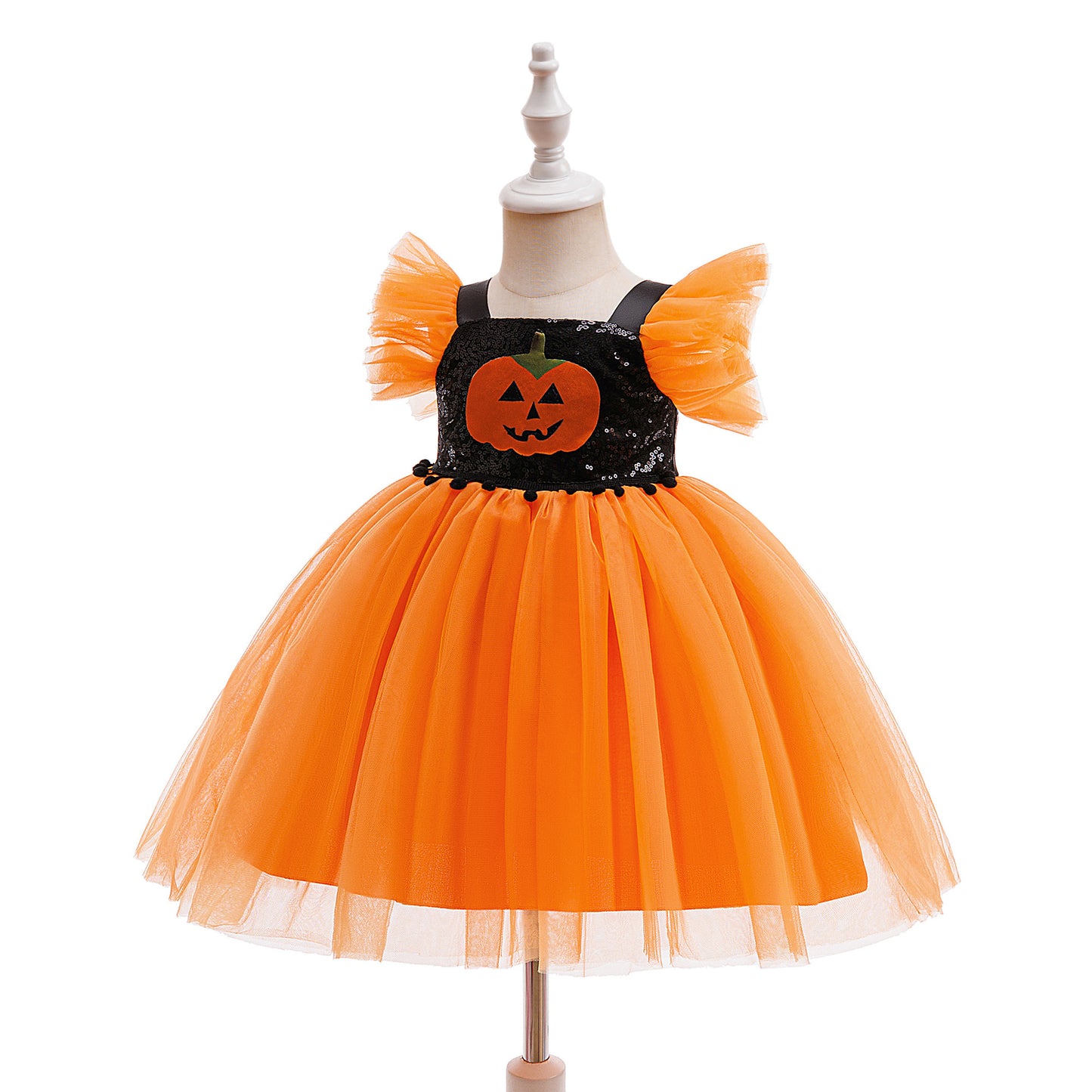 Girls' Orange Pumpkin Sequin Tulle Dress – Halloween & Party Outfit (9M-4Y)