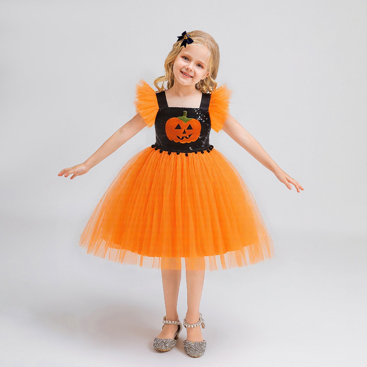 Girls' Orange Pumpkin Sequin Tulle Dress – Halloween & Party Outfit (9M-4Y)