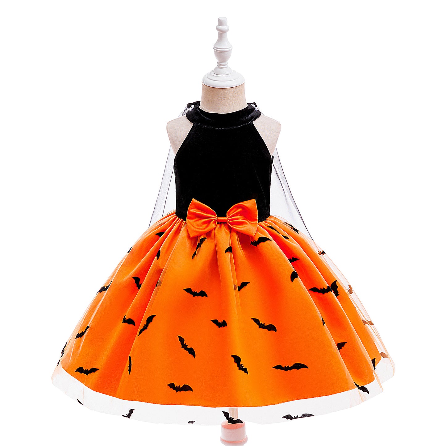Orange Satin Halter A-Line Girls’ Party Dress with Bow & Ruffles – Knee Length, 3-10 Years