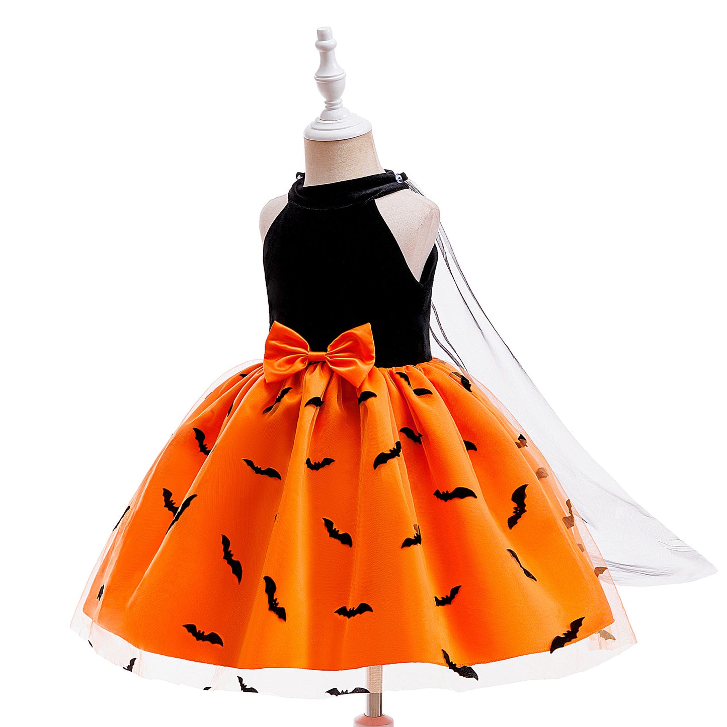 Orange Satin Halter A-Line Girls’ Party Dress with Bow & Ruffles – Knee Length, 3-10 Years