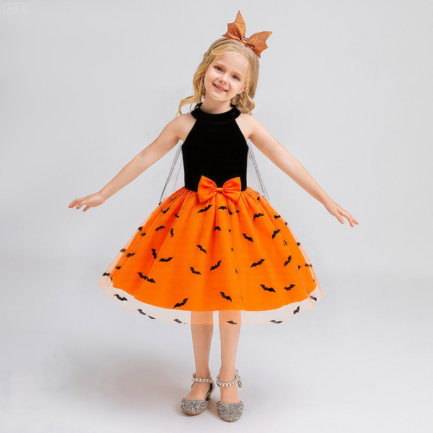Orange Satin Halter A-Line Girls’ Party Dress with Bow & Ruffles – Knee Length, 3-10 Years