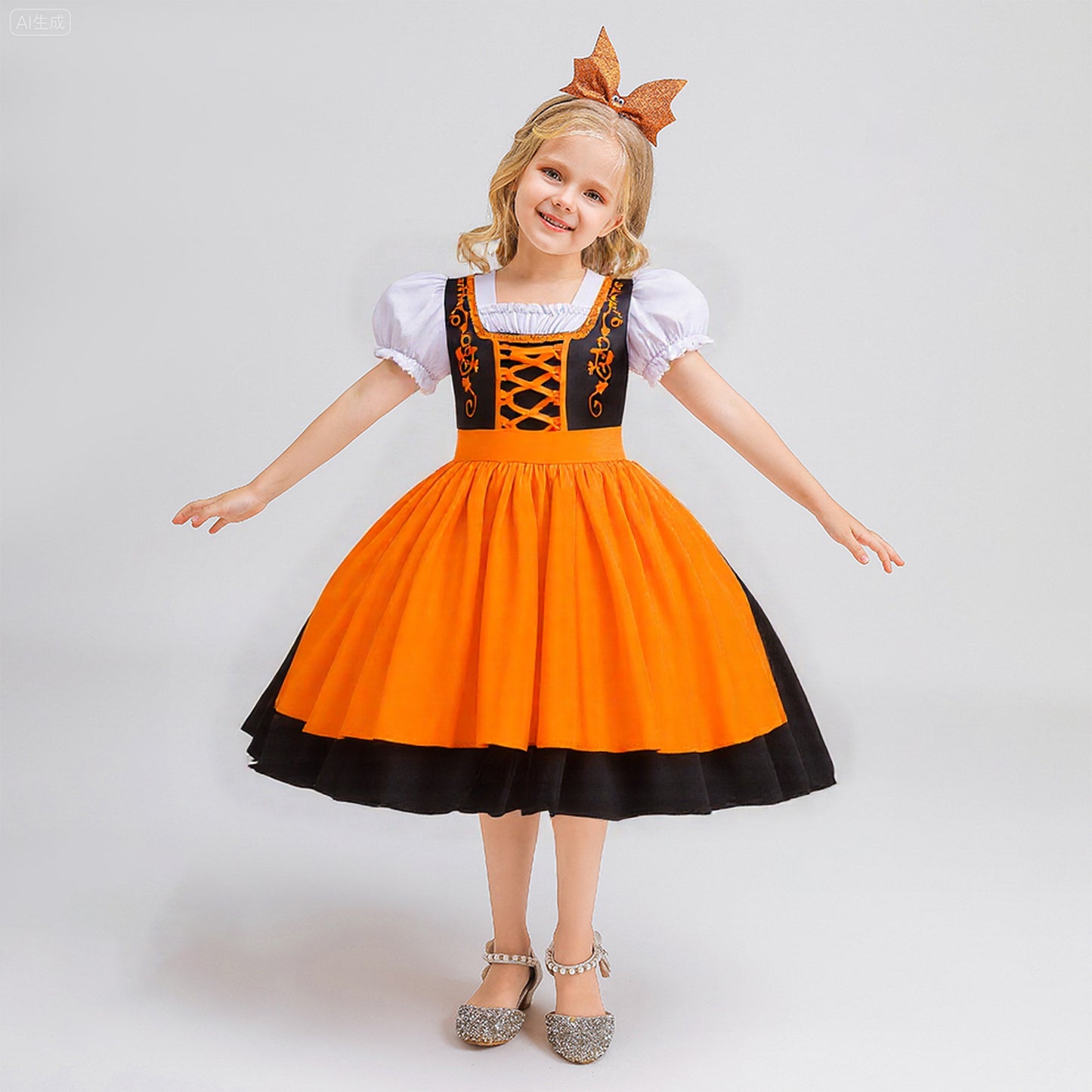 Orange Satin Princess Tea Length Dress for Girls - Puff Sleeves & Ruffles | Party, Halloween, Cosplay