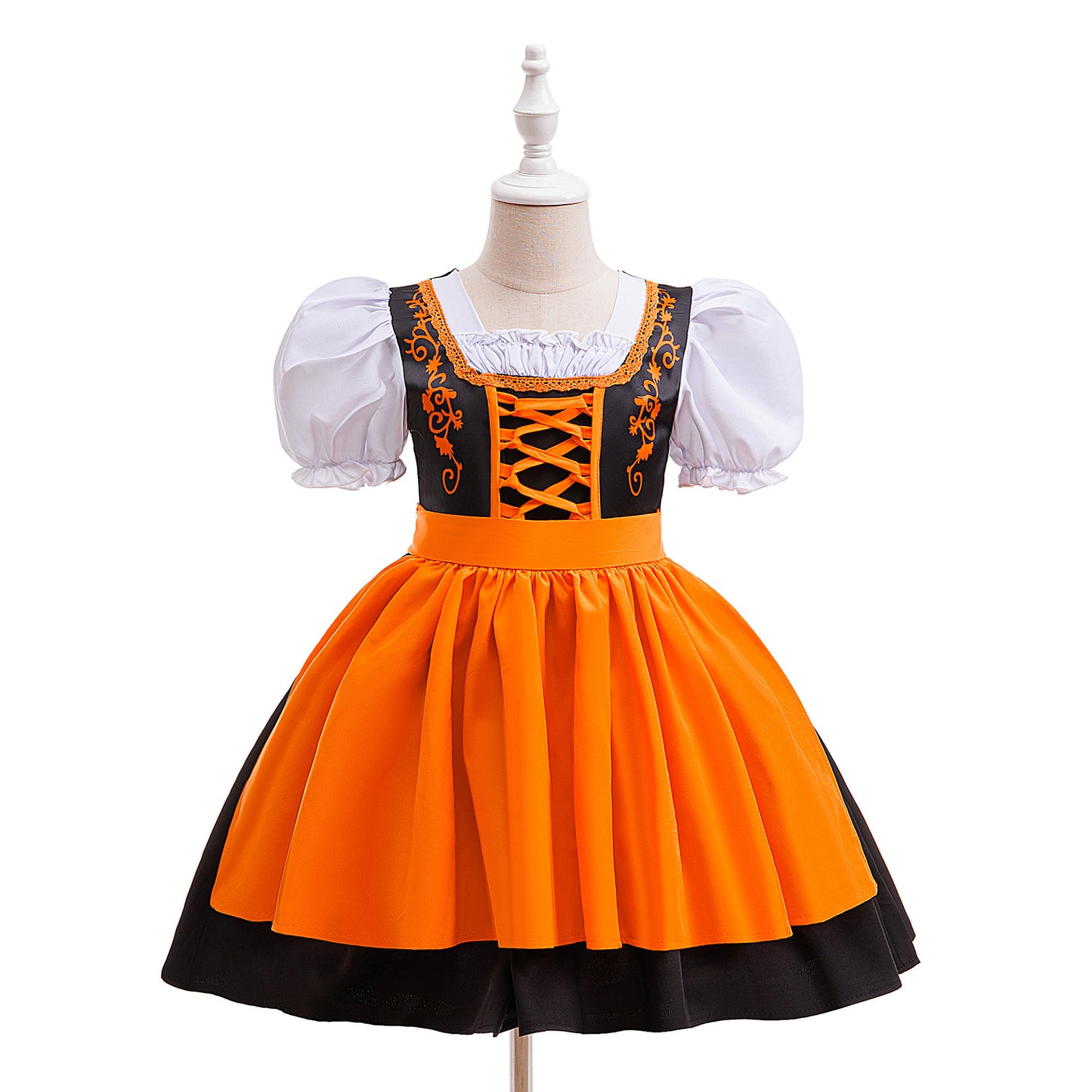 Orange Satin Princess Tea Length Dress for Girls - Puff Sleeves & Ruffles | Party, Halloween, Cosplay