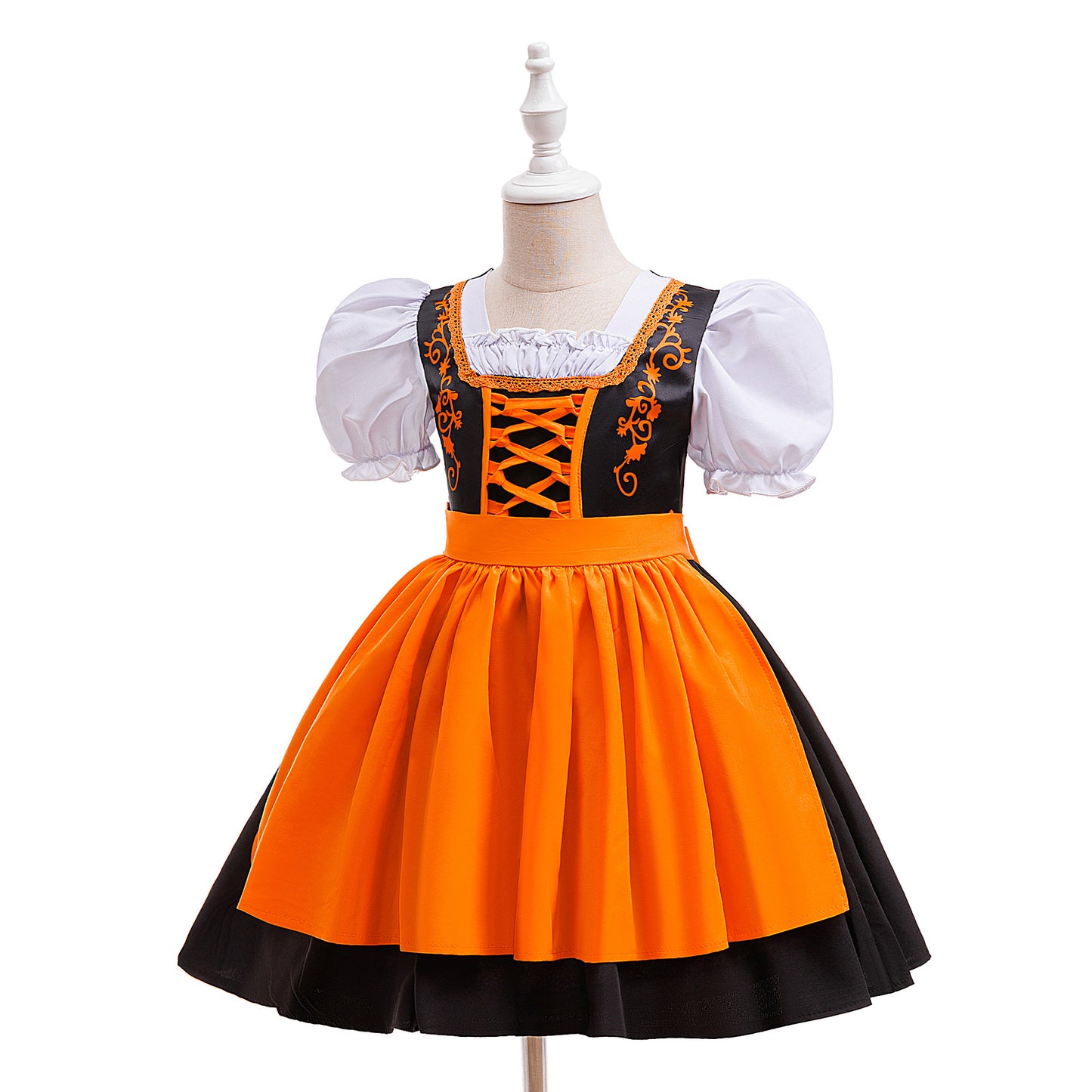 Orange Satin Princess Tea Length Dress for Girls - Puff Sleeves & Ruffles | Party, Halloween, Cosplay