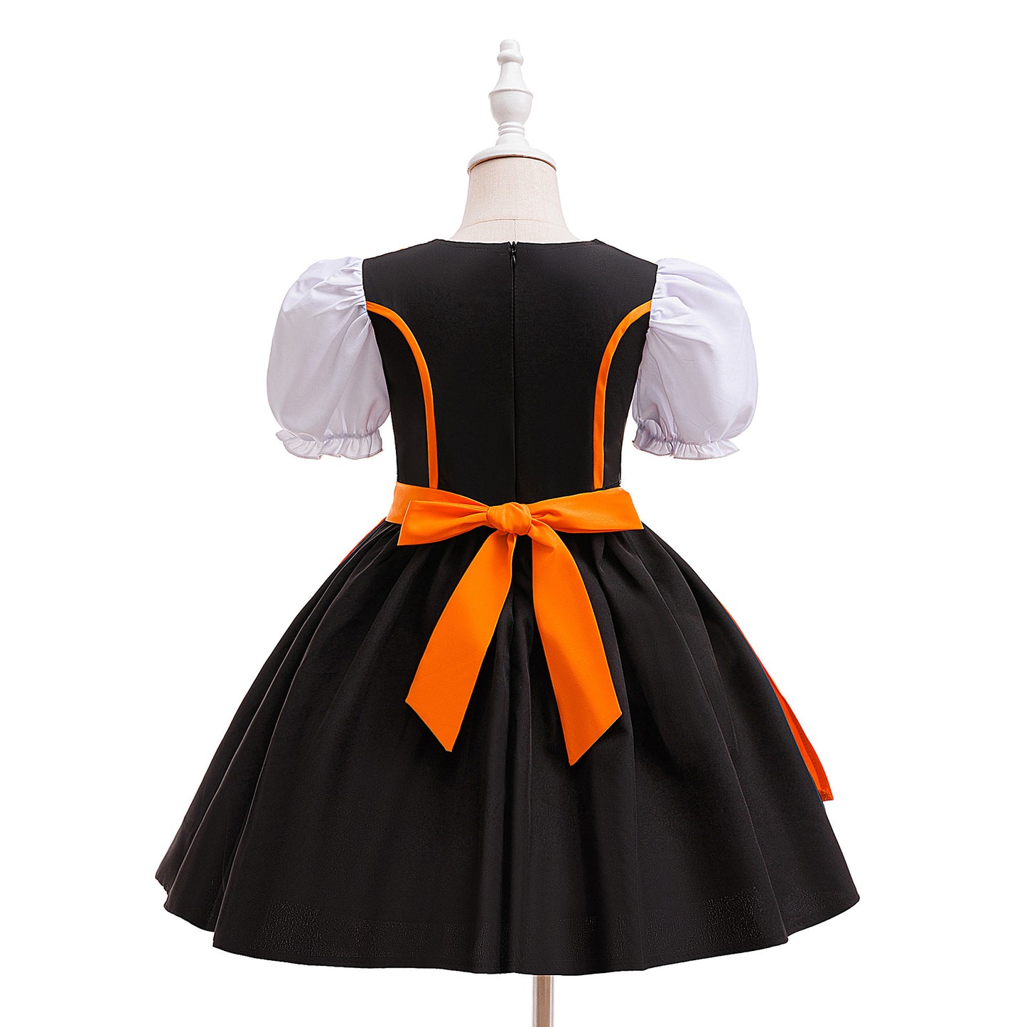 Orange Satin Princess Tea Length Dress for Girls - Puff Sleeves & Ruffles | Party, Halloween, Cosplay