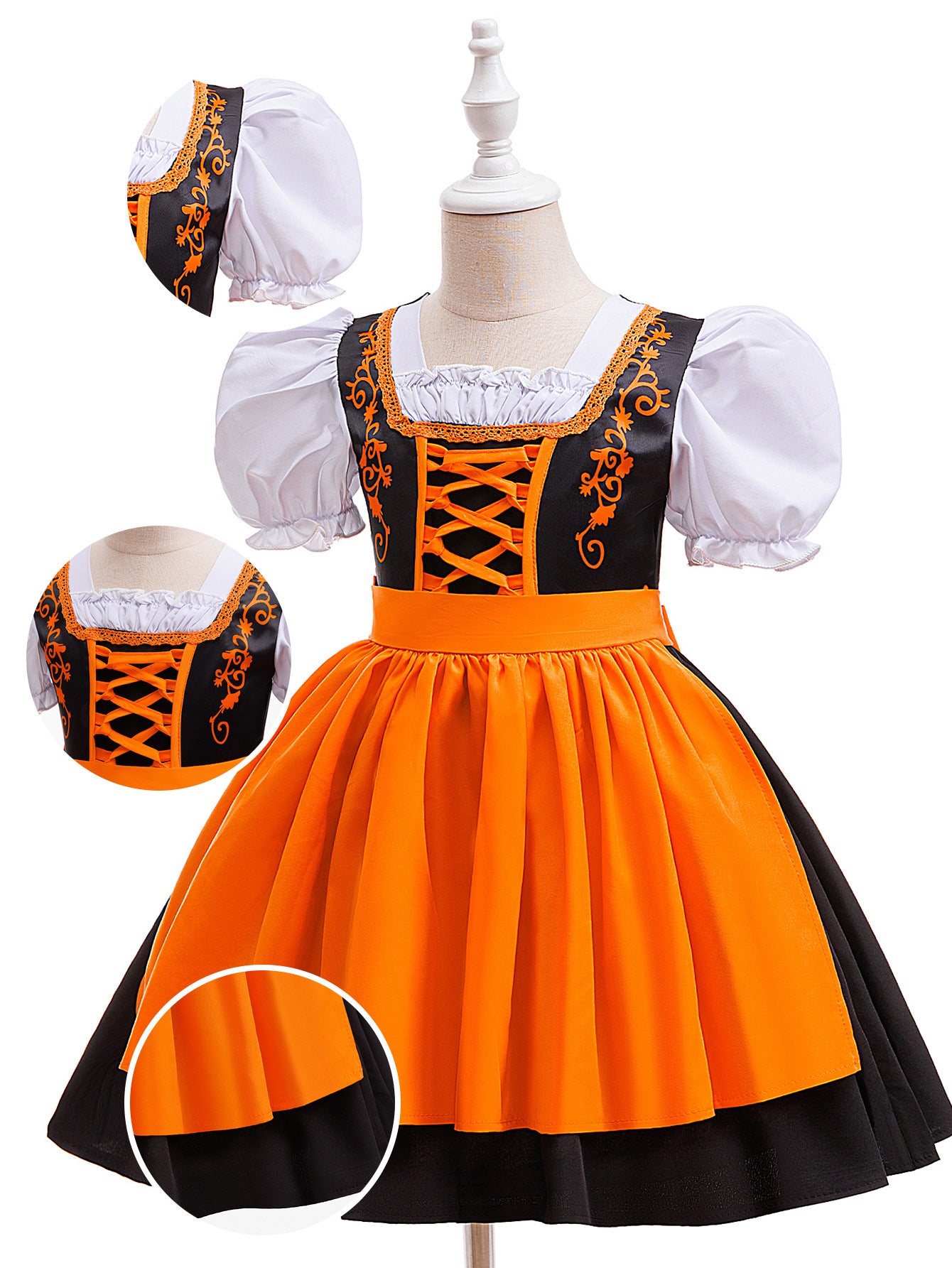 Orange Satin Princess Tea Length Dress for Girls - Puff Sleeves & Ruffles | Party, Halloween, Cosplay