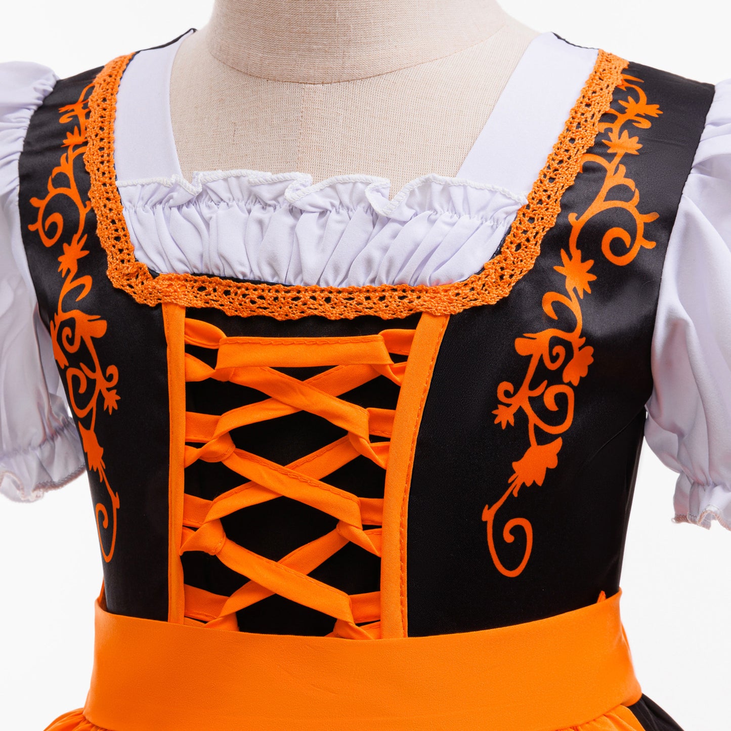 Orange Satin Princess Tea Length Dress for Girls - Puff Sleeves & Ruffles | Party, Halloween, Cosplay