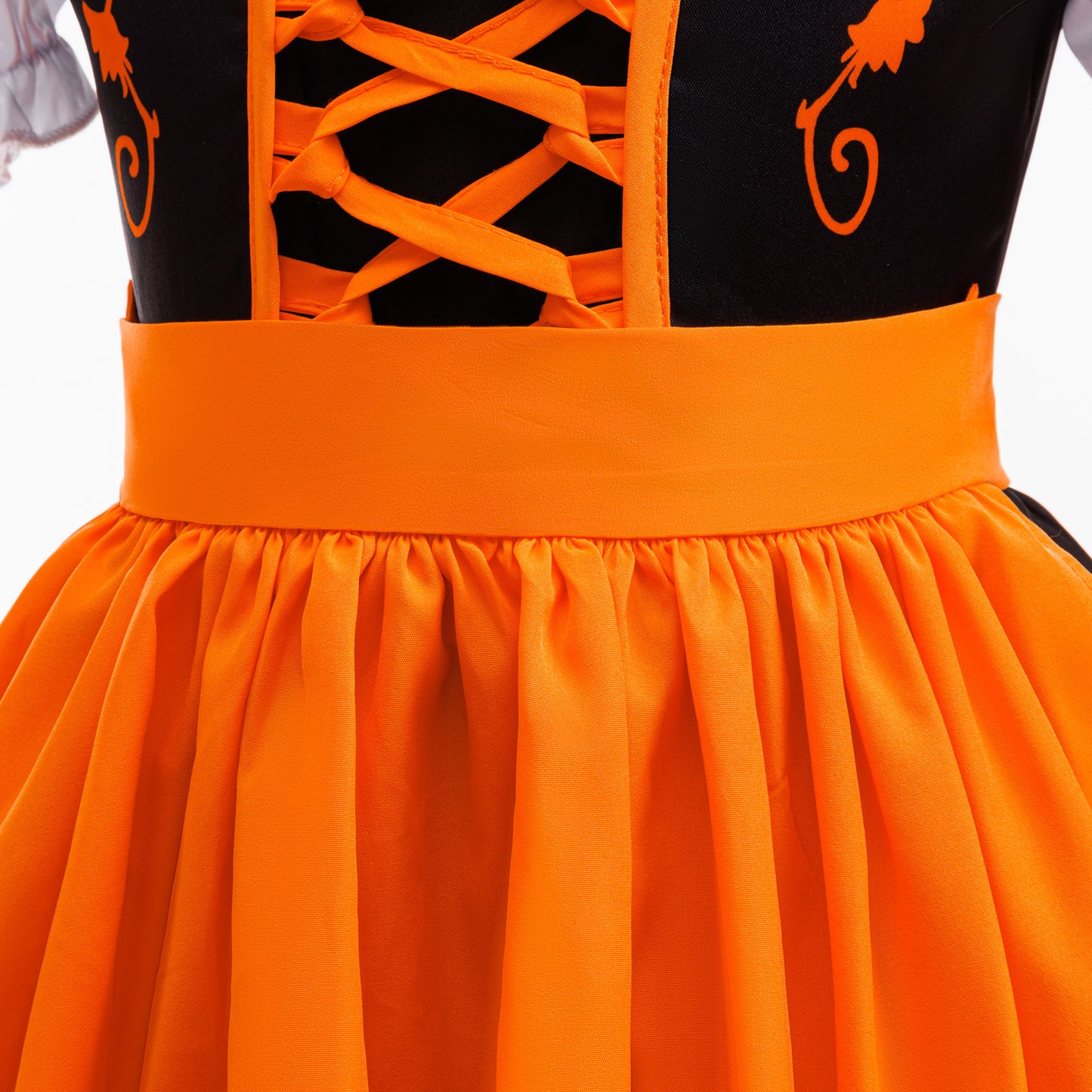 Orange Satin Princess Tea Length Dress for Girls - Puff Sleeves & Ruffles | Party, Halloween, Cosplay