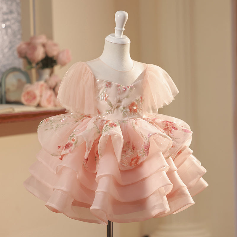 Pink Sequin Ball Gown for Girls – Illusion Neck Short Sleeve Dress
