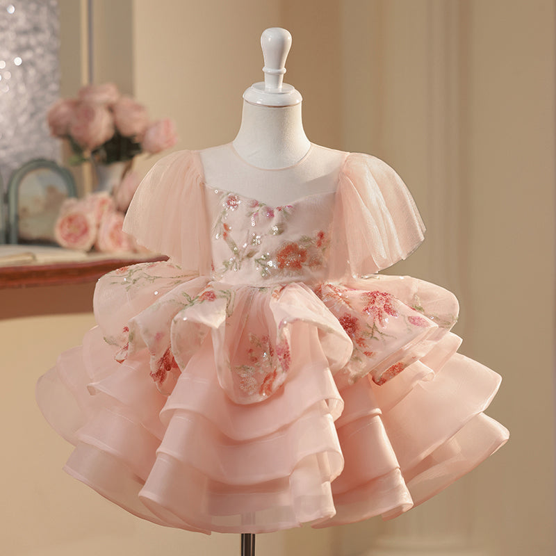 Pink Sequin Ball Gown for Girls – Illusion Neck Short Sleeve Dress