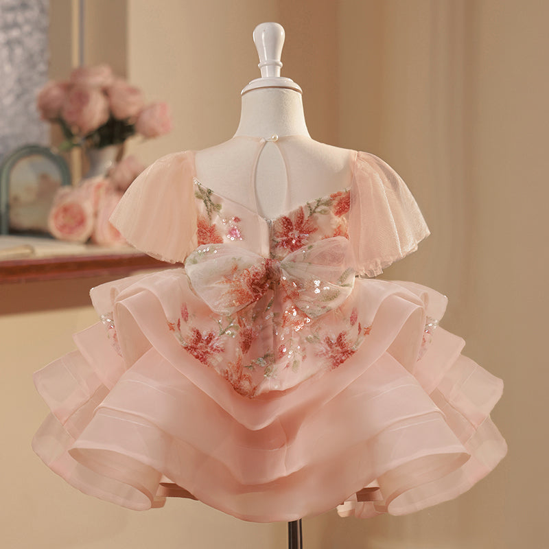 Pink Sequin Ball Gown for Girls – Illusion Neck Short Sleeve Dress