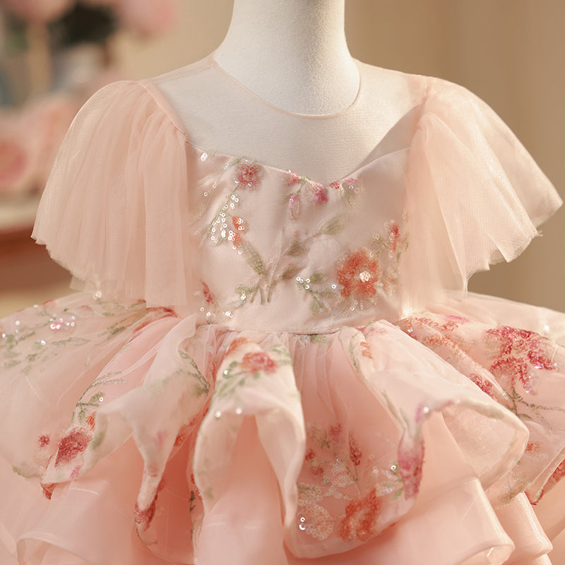 Pink Sequin Ball Gown for Girls – Illusion Neck Short Sleeve Dress