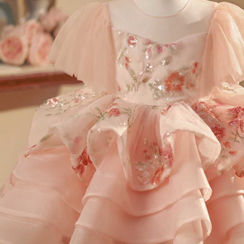 Pink Sequin Ball Gown for Girls – Illusion Neck Short Sleeve Dress
