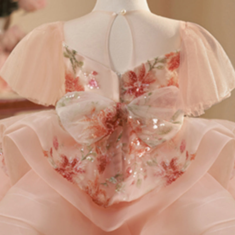 Pink Sequin Ball Gown for Girls – Illusion Neck Short Sleeve Dress
