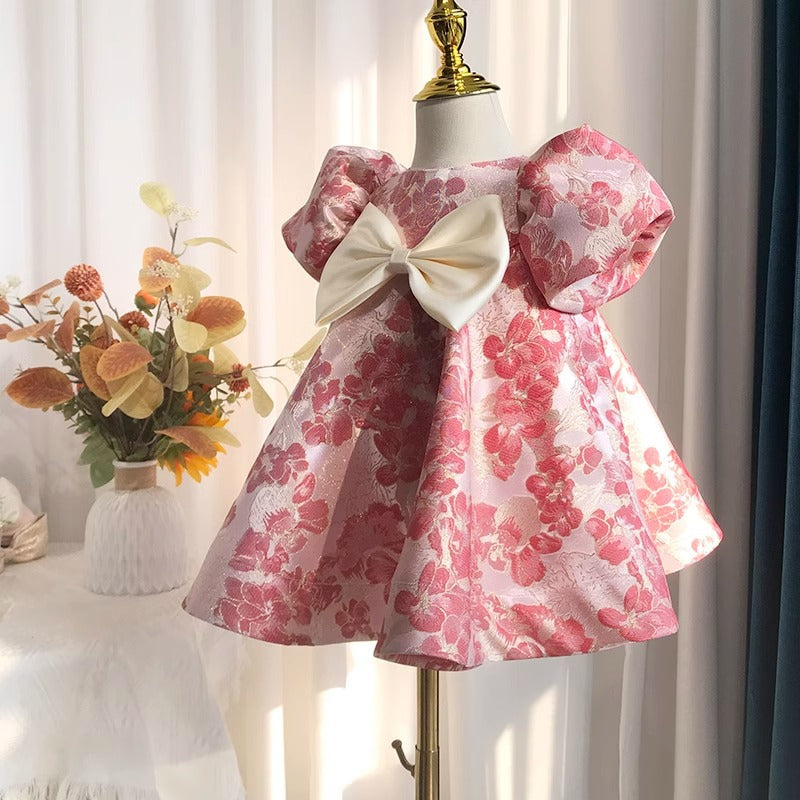 Pink Princess Satin Flower Bow Dress for Girls (12 Months - 12 Years)