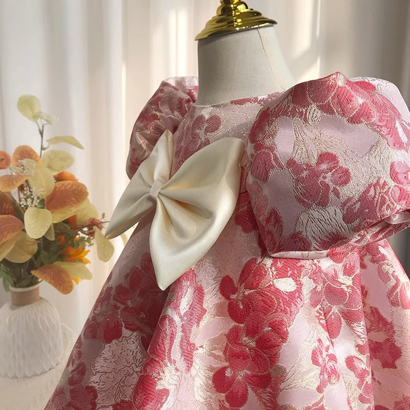 Pink Princess Satin Flower Bow Dress for Girls (12 Months - 12 Years)