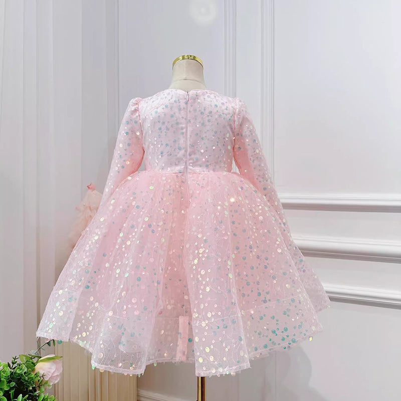 Girls Pink Sequined Long Sleeve Dress | A-Line Tea-Length Special Occasion Dress