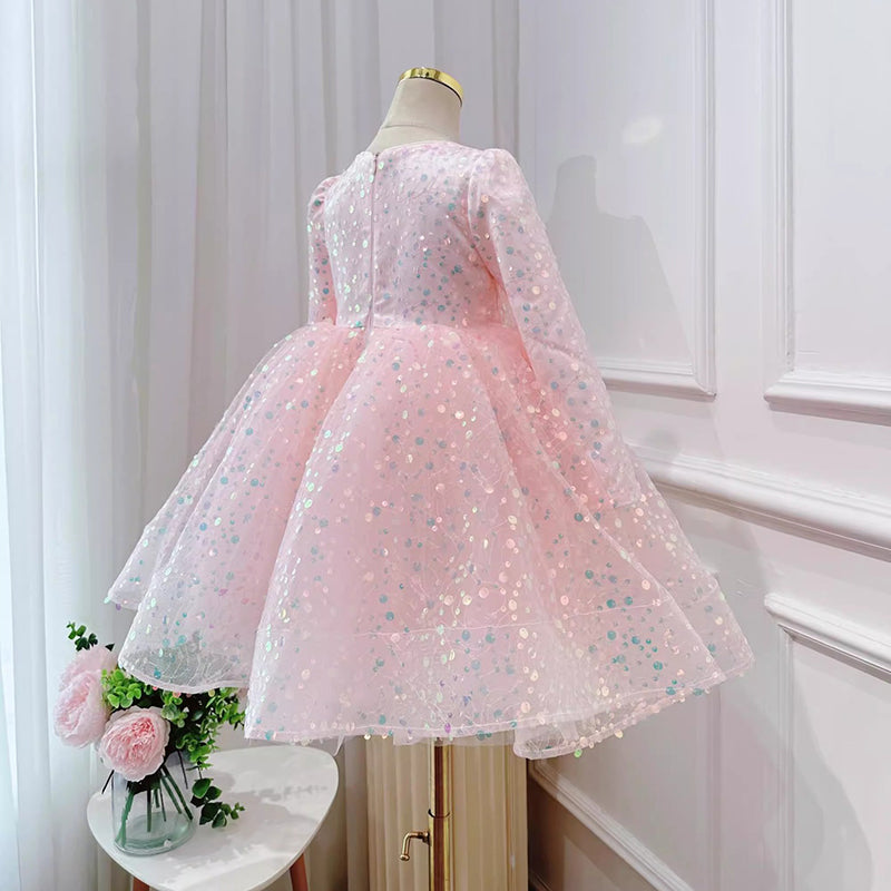 Girls Pink Sequined Long Sleeve Dress | A-Line Tea-Length Special Occasion Dress