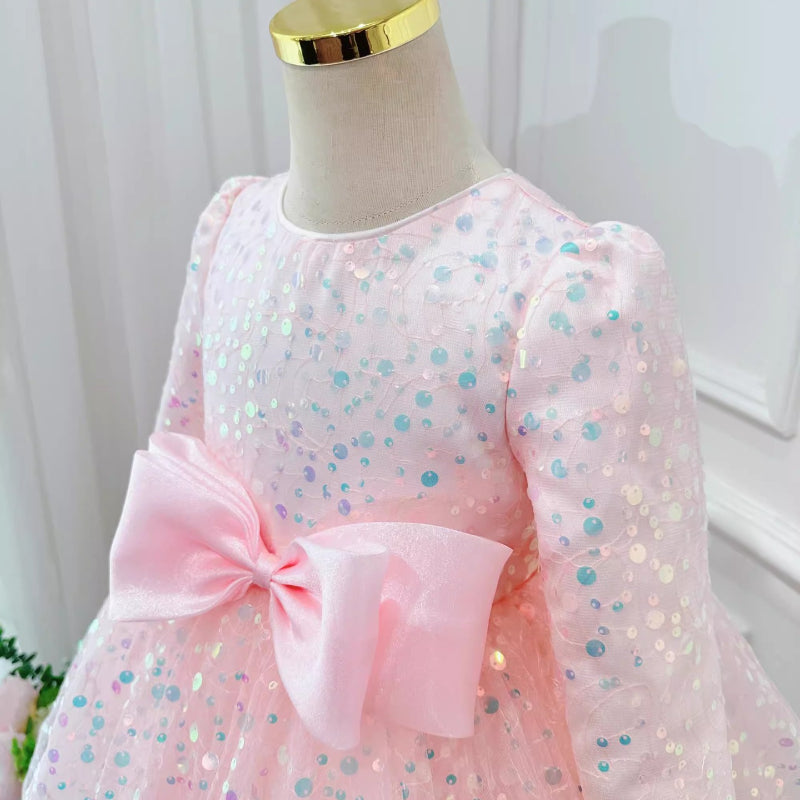Girls Pink Sequined Long Sleeve Dress | A-Line Tea-Length Special Occasion Dress