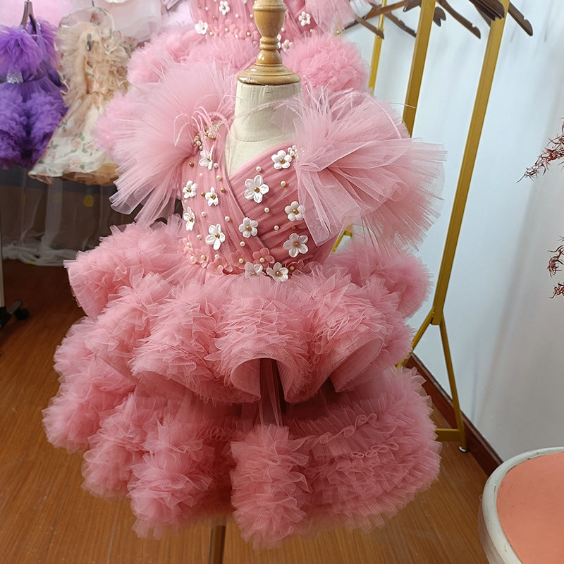 Girls Pink Tulle Ball Gown with Tiered Skirt & 3D Flowers - Special Occasion Dress