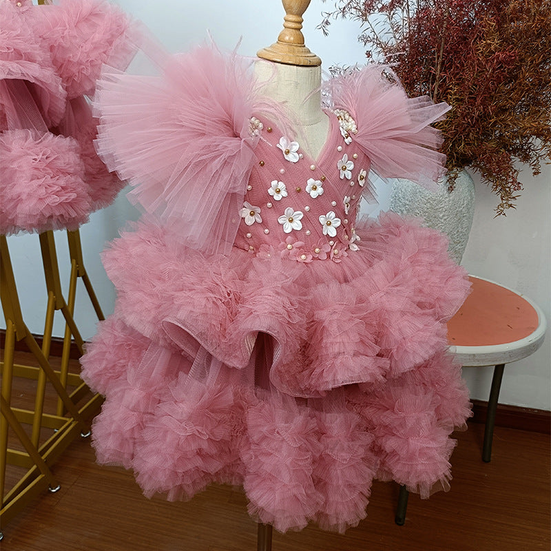Girls Pink Tulle Ball Gown with Tiered Skirt & 3D Flowers - Special Occasion Dress