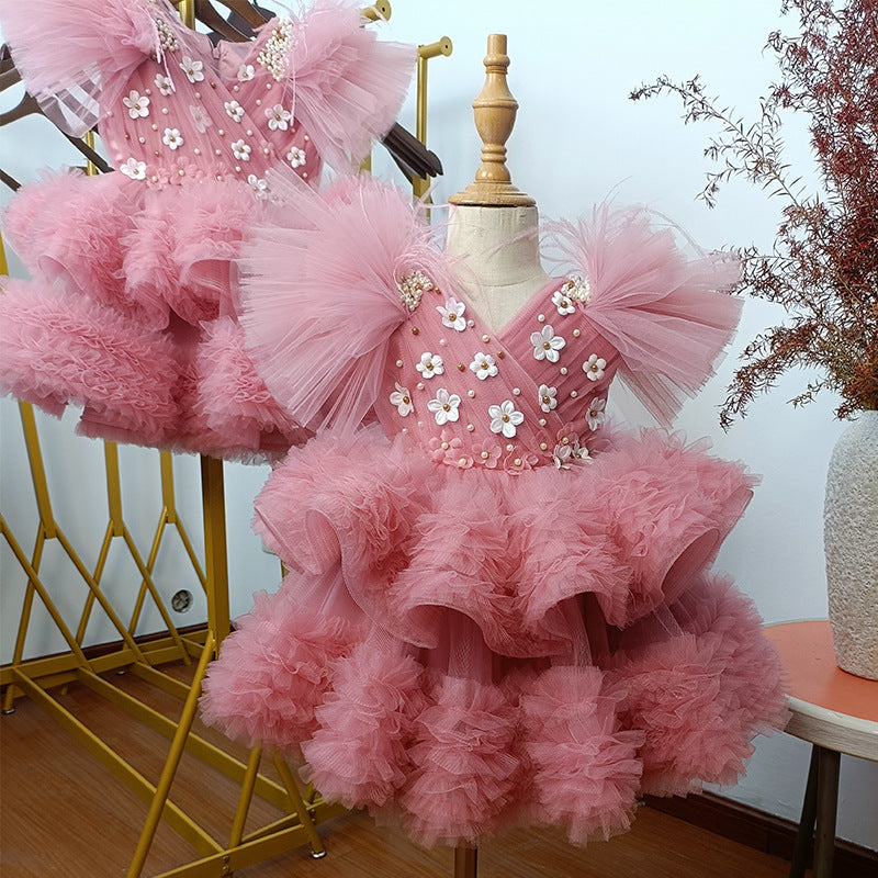 Girls Pink Tulle Ball Gown with Tiered Skirt & 3D Flowers - Special Occasion Dress