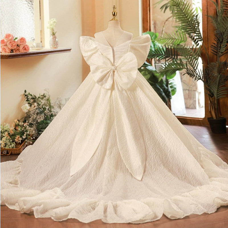 White Princess Illusion Neckline Dress with Bow for Girls - Special Occasion Gown