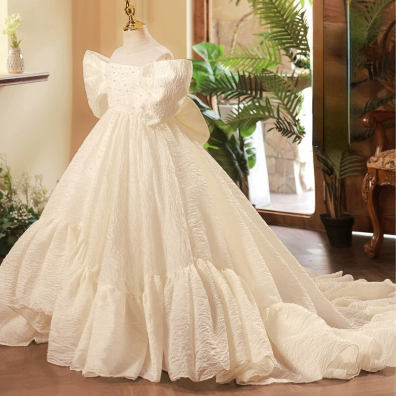 White Princess Illusion Neckline Dress with Bow for Girls - Special Occasion Gown