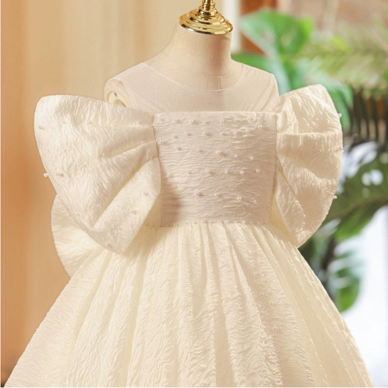 White Princess Illusion Neckline Dress with Bow for Girls - Special Occasion Gown