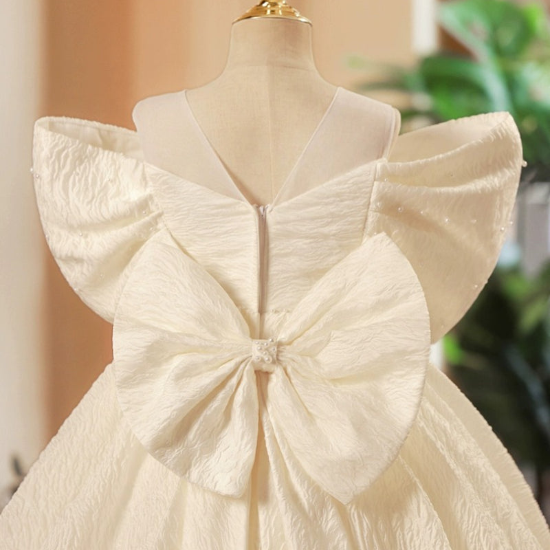 White Princess Illusion Neckline Dress with Bow for Girls - Special Occasion Gown
