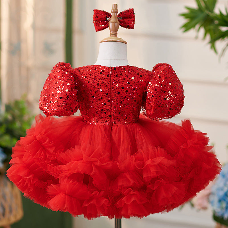 Girls Puffy Sequin Ball Gown – Knee Length Tulle Dress for Special Occasions